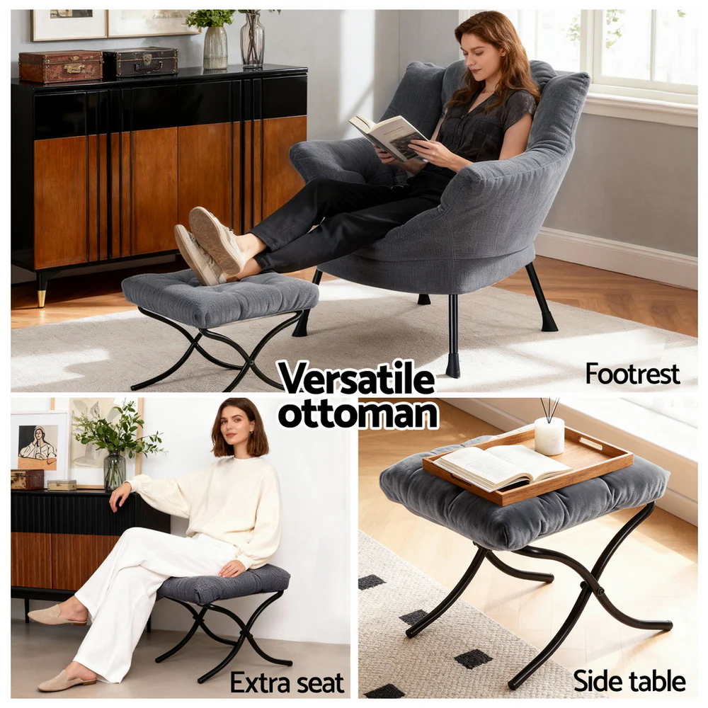 Armchair Accent Chair Ottoman Lounge Footrest Velvet Grey - Image 5