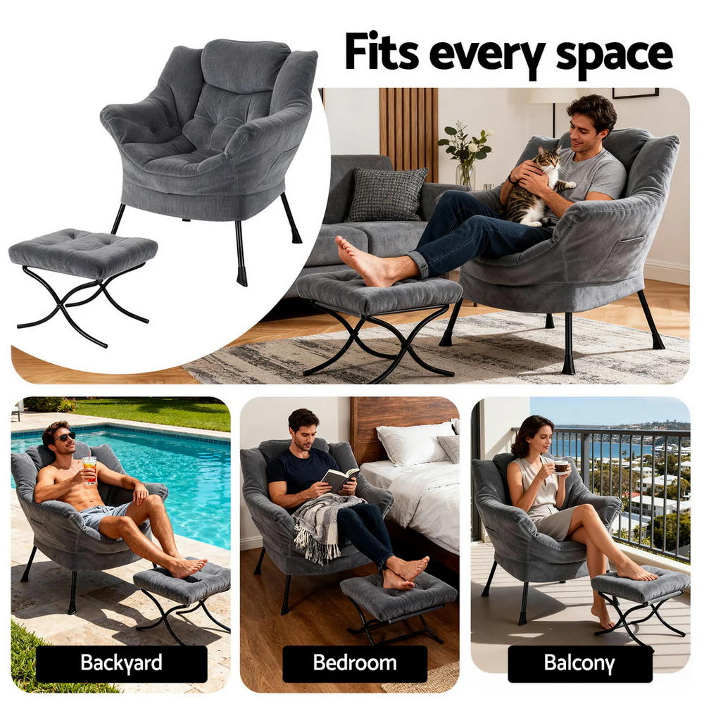 Armchair Accent Chair Ottoman Lounge Footrest Velvet Grey - Image 6