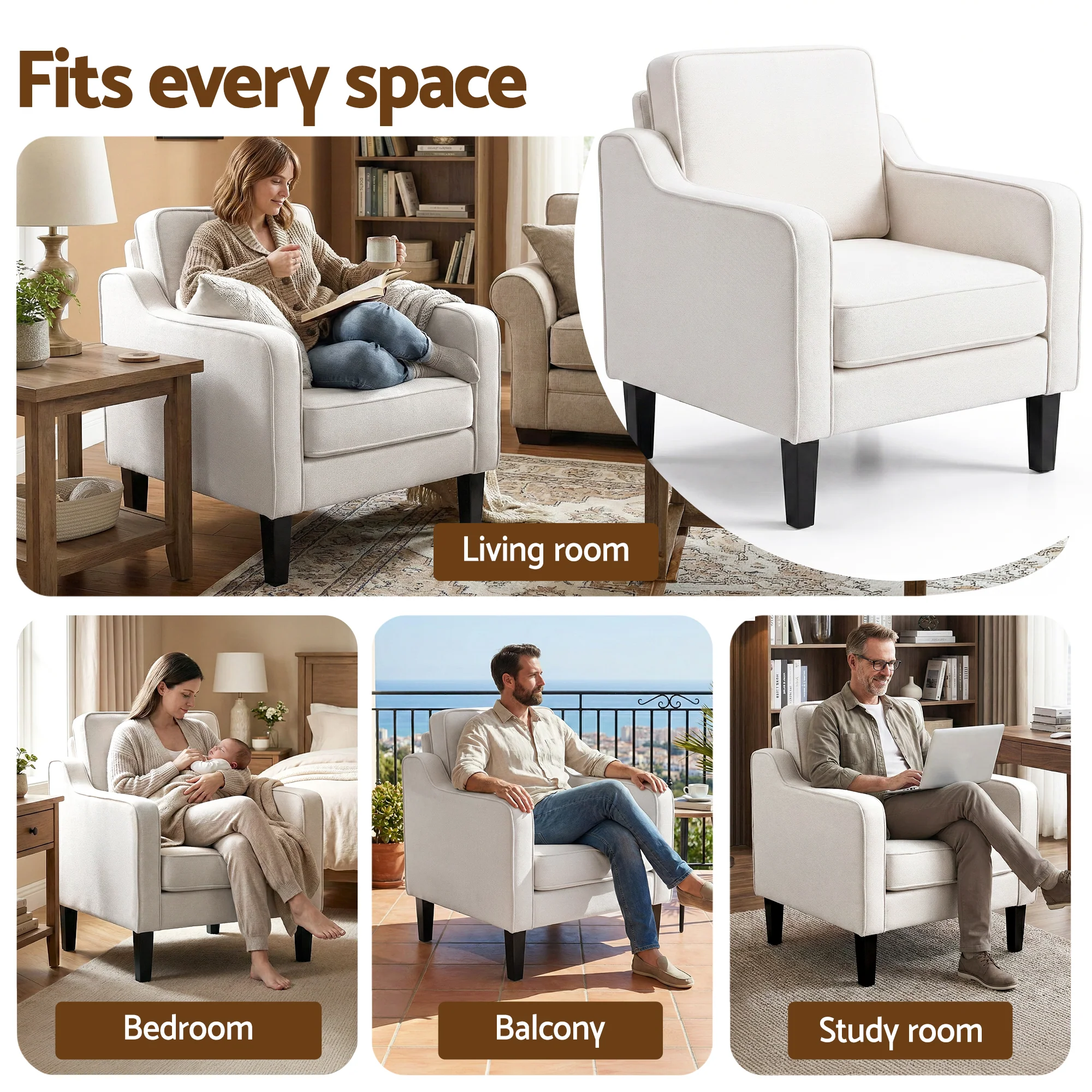 Armchair Lounge Accent Chair Linen Fabric - Beige - Image 6