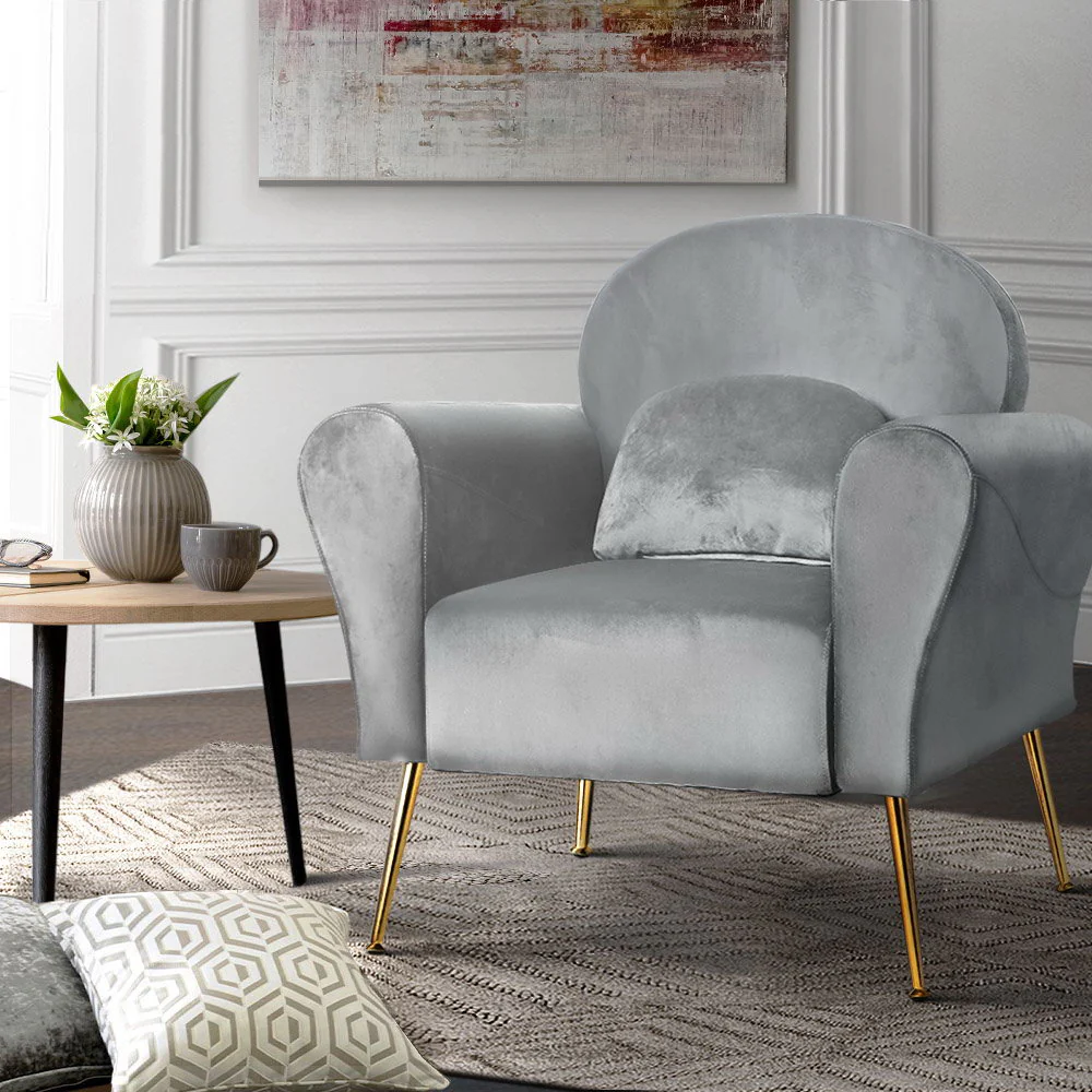 Armchair Lounge Chair Accent Armchairs Chairs Sofa Grey Velvet Cushion - Image 8
