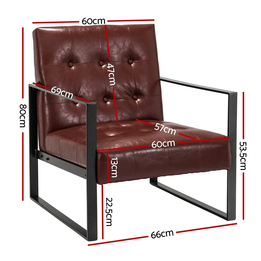 Armchair Lounge Chair Accent Chairs PU Leather Sofa Brown Metal Frame - Image 2