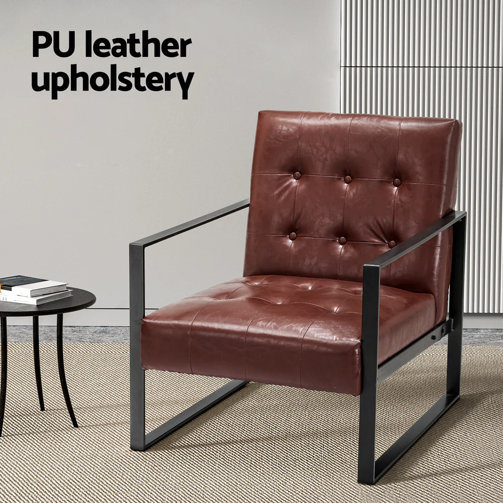 Armchair Lounge Chair Accent Chairs PU Leather Sofa Brown Metal Frame - Image 4