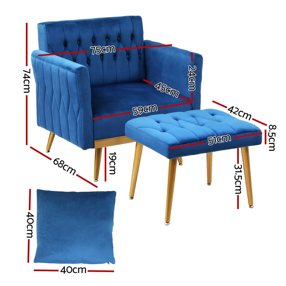 Armchair Ottoman Accent Chair Pillow Velvet Blue - Image 2