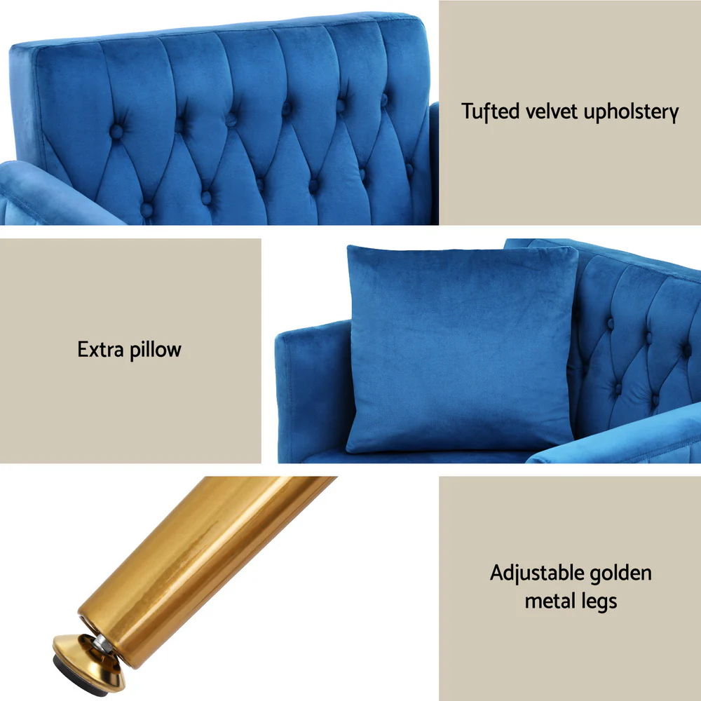 Armchair Ottoman Accent Chair Pillow Velvet Blue - Image 6