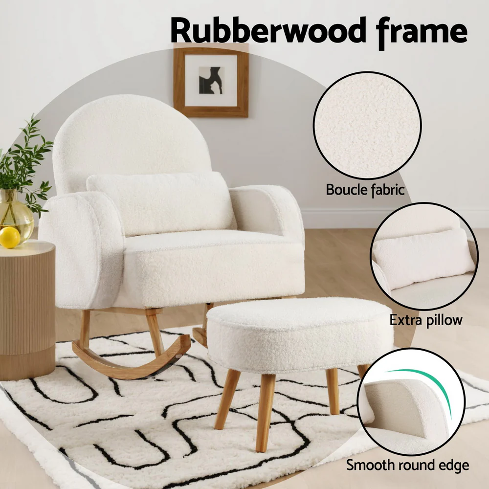 Armchair Rocking Chair Ottoman Lounge Footrest Round Nursing Boucle White - Image 6