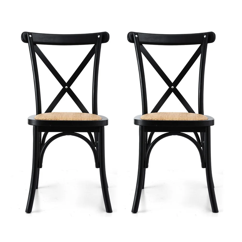 Set of 2 Dining Chairs Rattan Wooden Kitchen Accent Chair Cafe Lounge Rubber Wood - Image 3