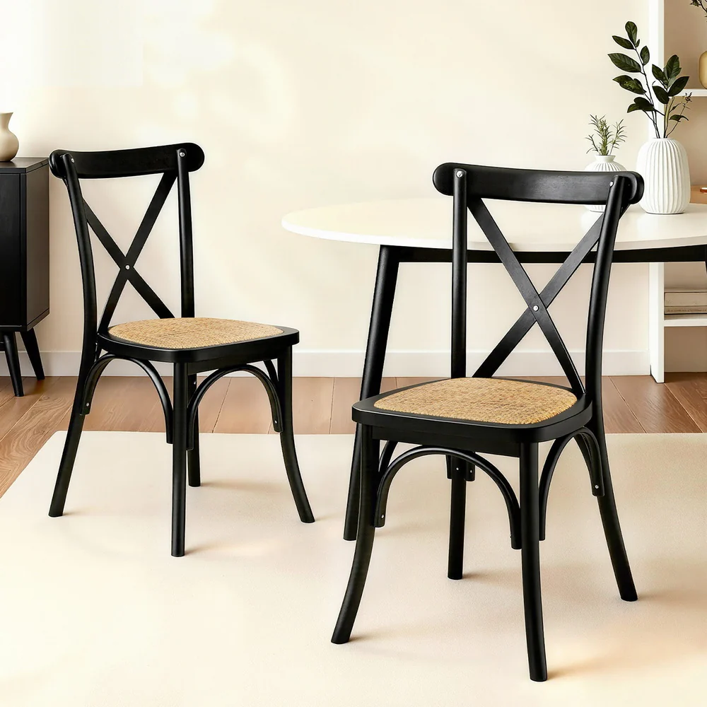 Set of 2 Dining Chairs Rattan Wooden Kitchen Accent Chair Cafe Lounge Rubber Wood - Image 7