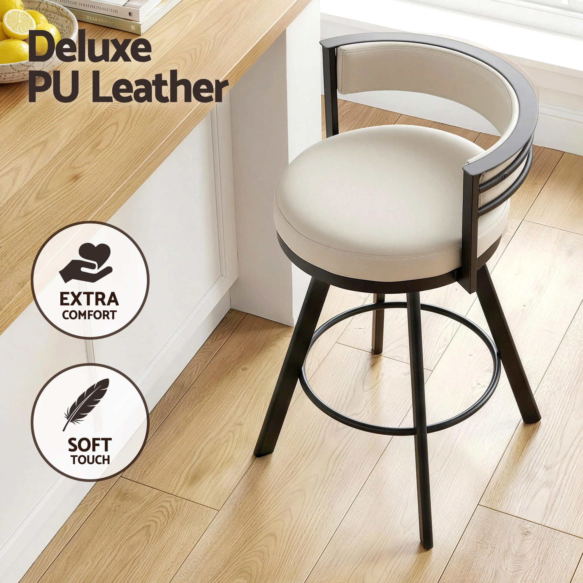 Bar Stools Set of 2 Swivel Kitchen Chair Metal Counter Beige Leather - Image 8