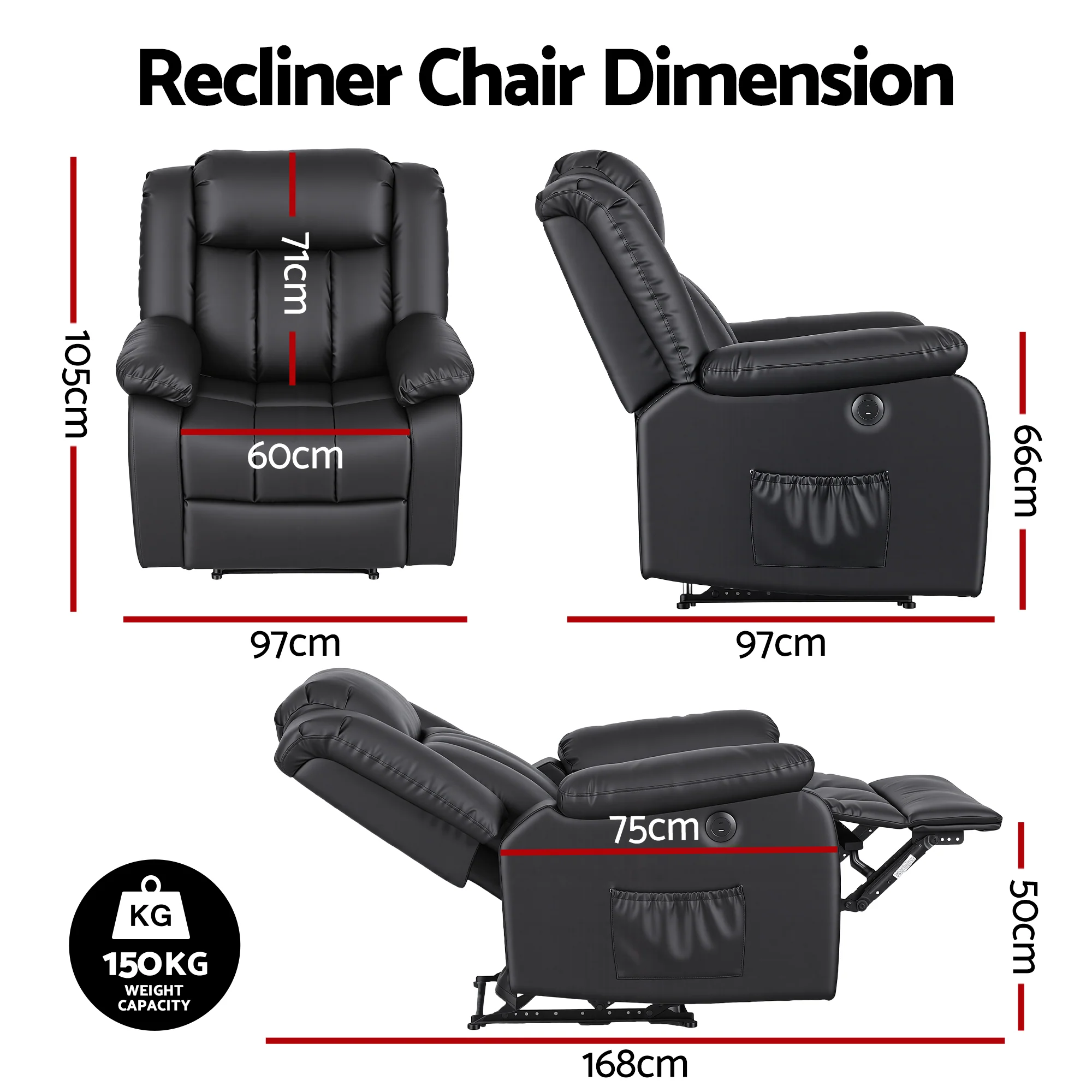 Manual Massage Recliner Chair for Living Room, Leather Sofa Lounge Reclining Chair with 2 USB Port, 160° Recline Reading Chair with 20CM Wide Armrests, 8 Point Vibration & Lumbar Heat, Black - Image 2