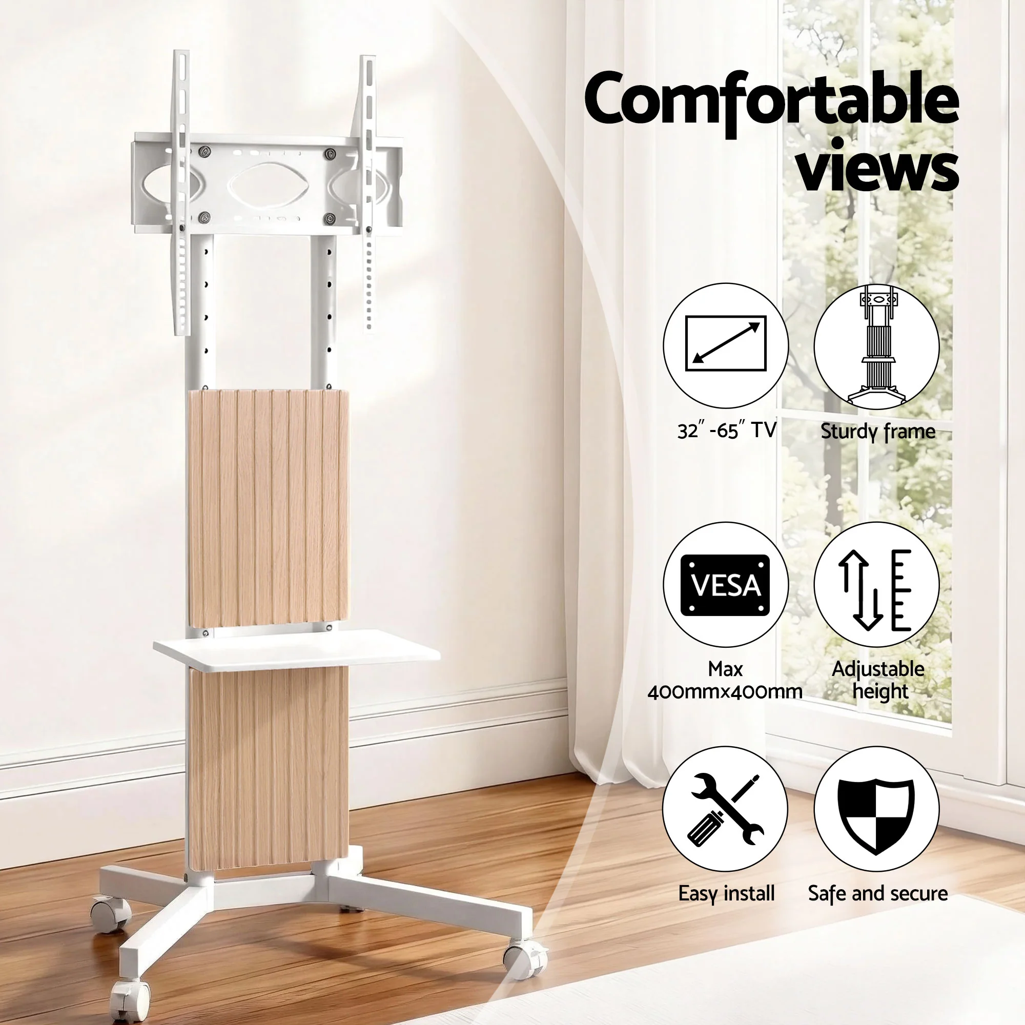 Mobile TV Floor Stand for 32-65" Mount Bracket Universal Adjustable Height with Wheels - Image 6