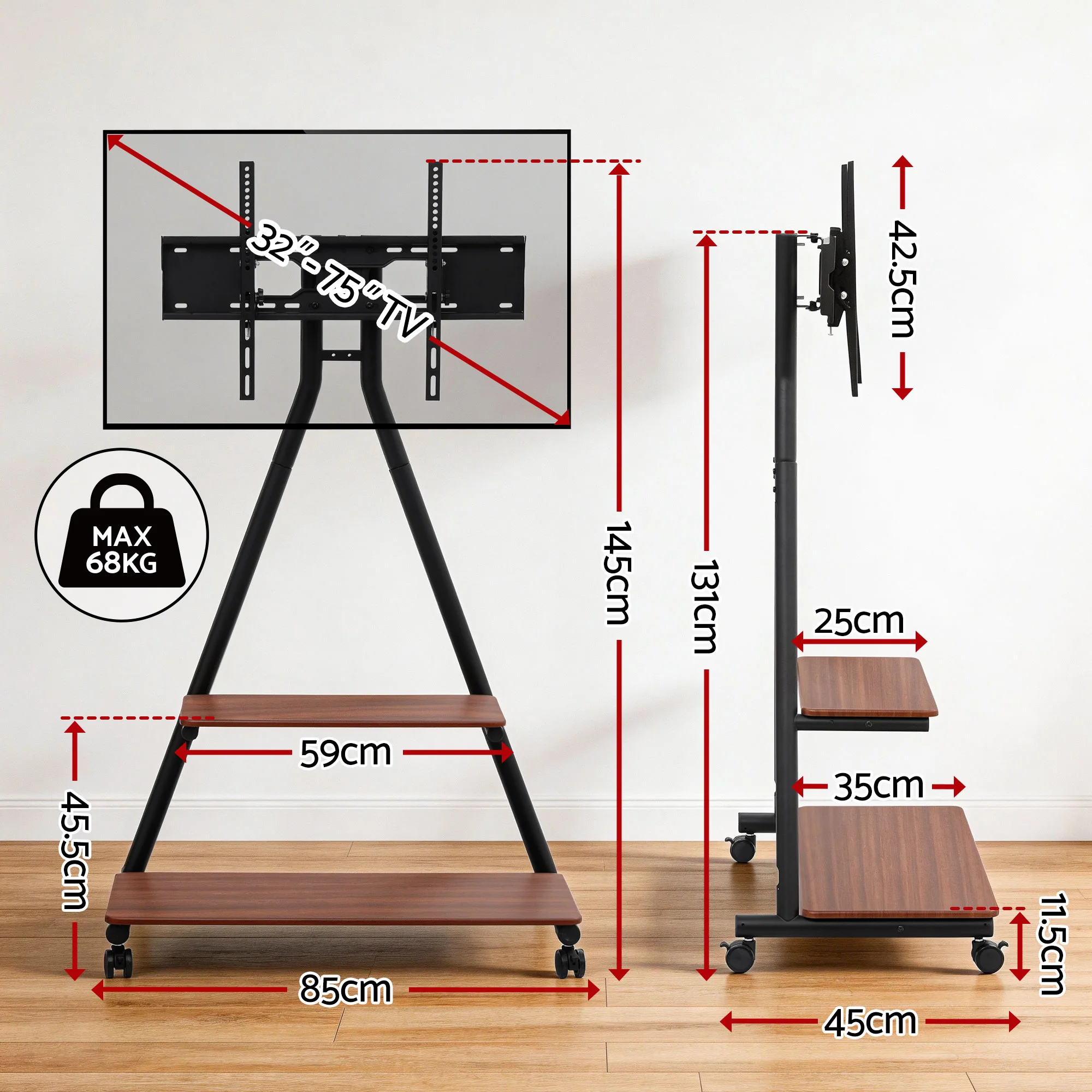 Mobile TV Stand Rolling Cart Wheels 32-75" Heavy Duty 133kg Mount Bracket - Image 4
