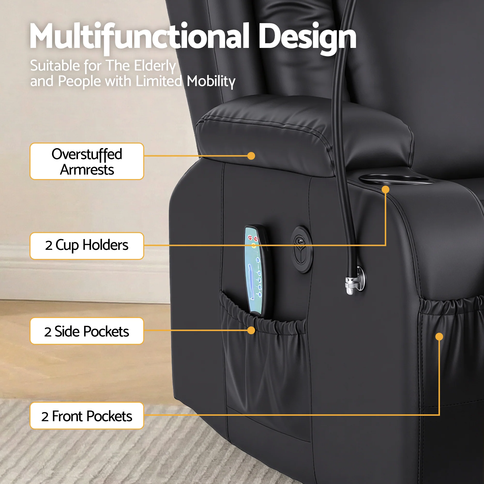 Power Lift Recliner Chair with Massage and Heat for Elderly, Electric Sofa Reclining Chair with USB and Phone Holder, PU Leather Comfy Armchair for Living Room, 2 Cup Holder & 4 Pockets, Black - Image 8