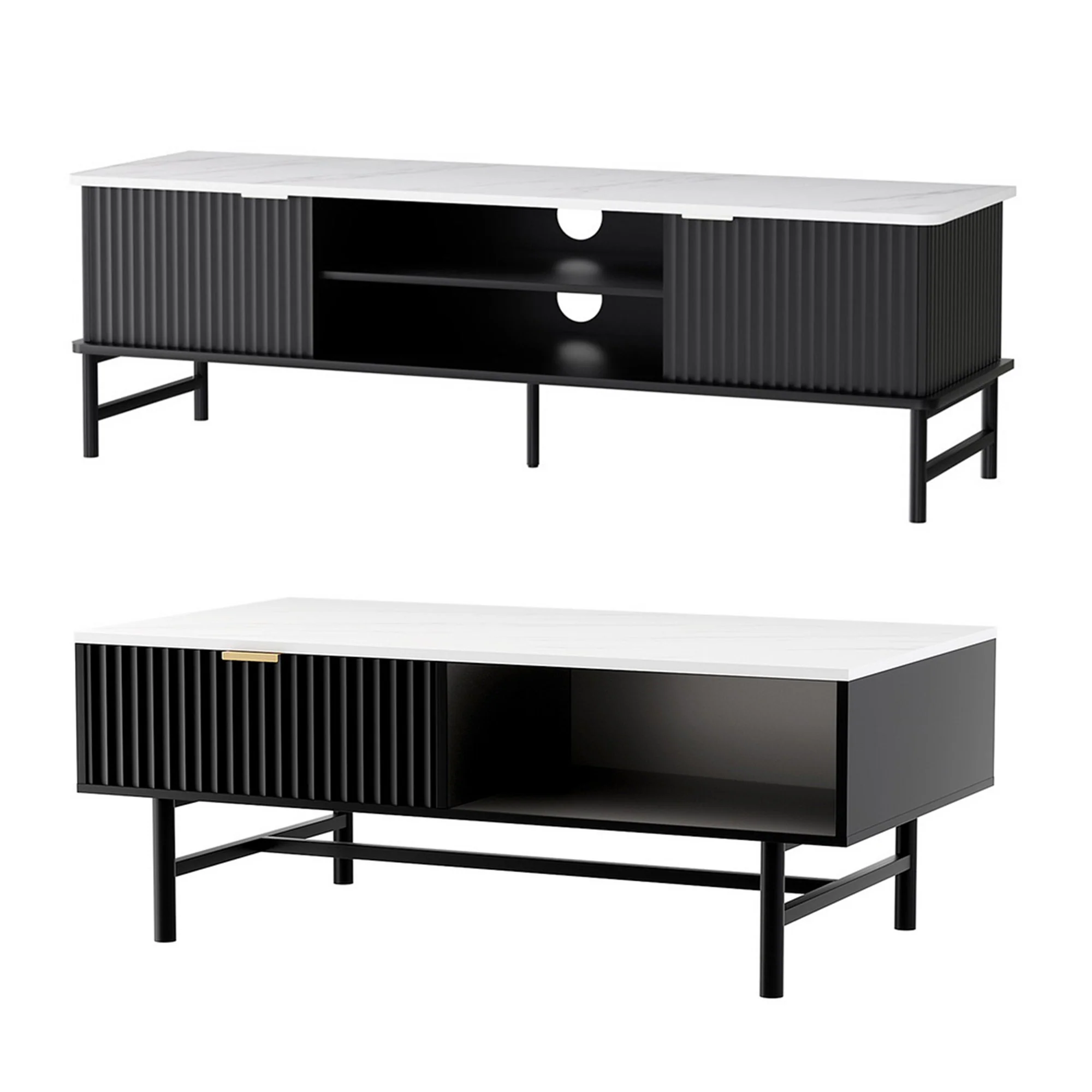 TV Unit & Coffee Table Set Storage Shelf Black - Image 8