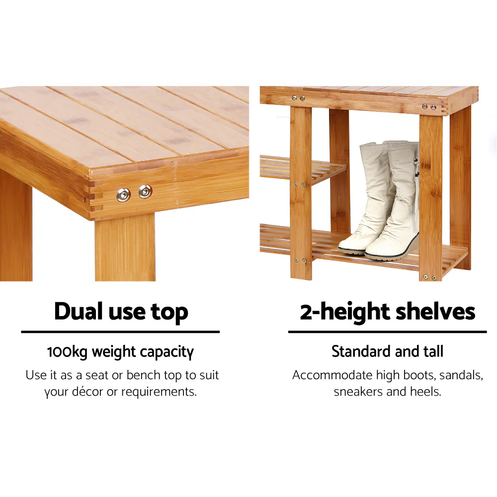 Bamboo Shoe Rack Bench – Natural (2-Tier with Boot Space) - Image 7