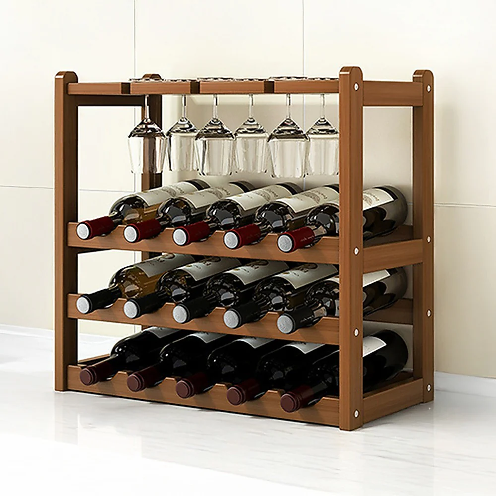 Bamboo Wine Rack Free Standing 15 Bottles with 6 Glasses Holder Storage in Dark Brown - Image 5