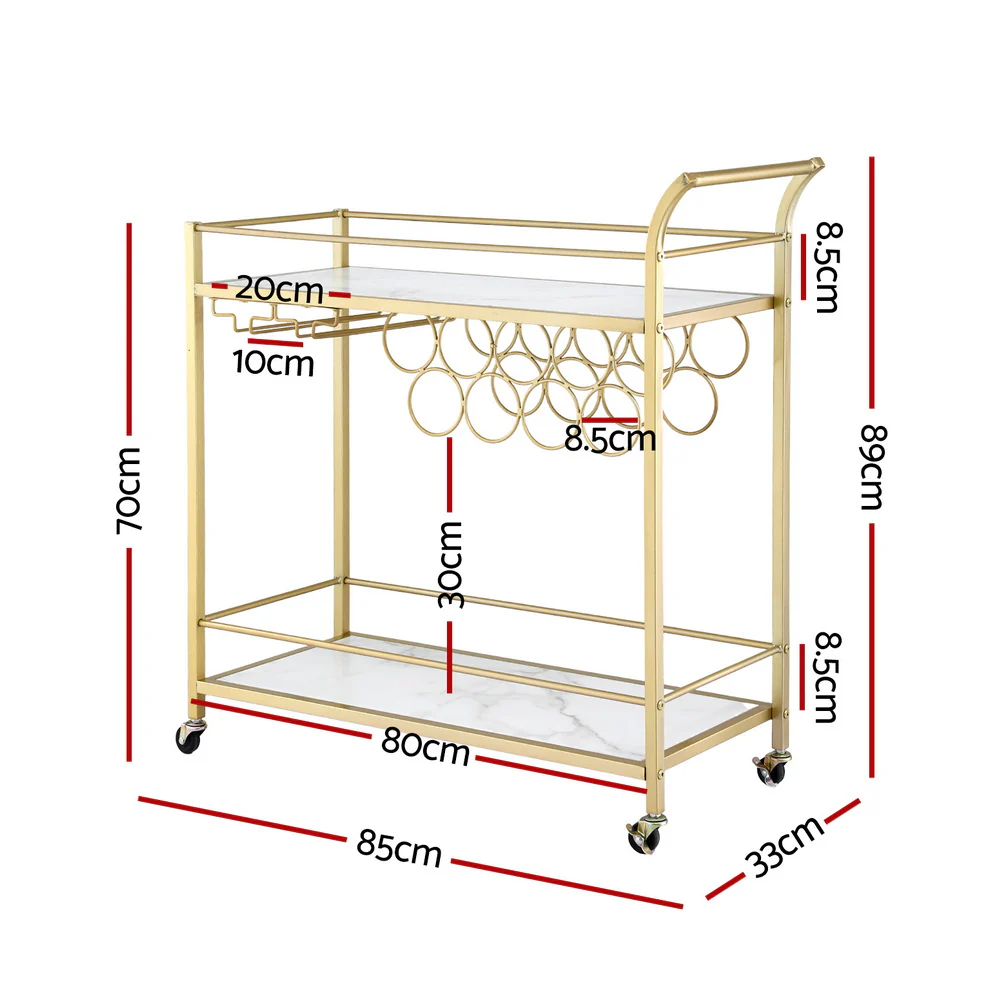 Bar Cart Drinks Trolley Serving Wine Rack Glass Holder Marble 85cm Gold - Image 3