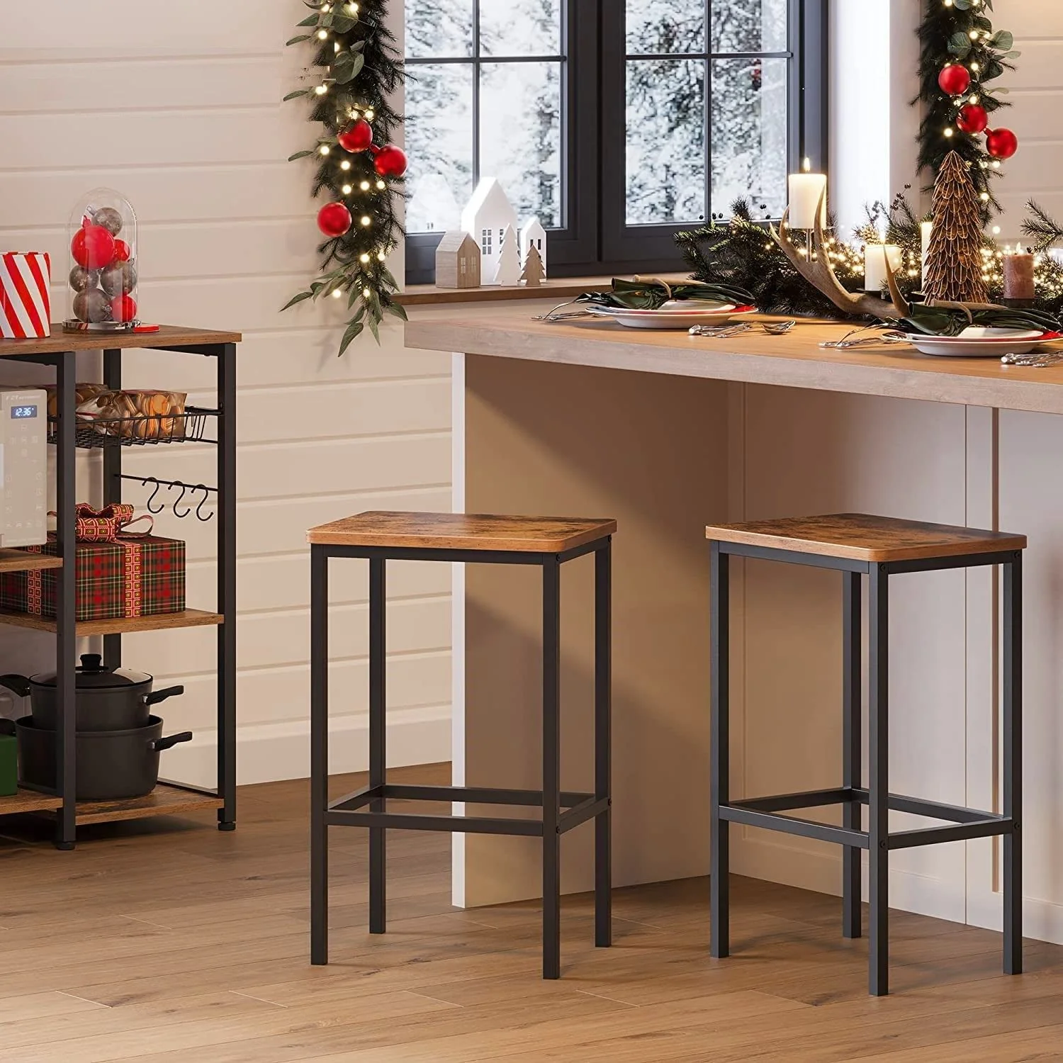 Set of 2 Rustic Wooden Bar Stools Brown with Black Frame 65cm - Image 3