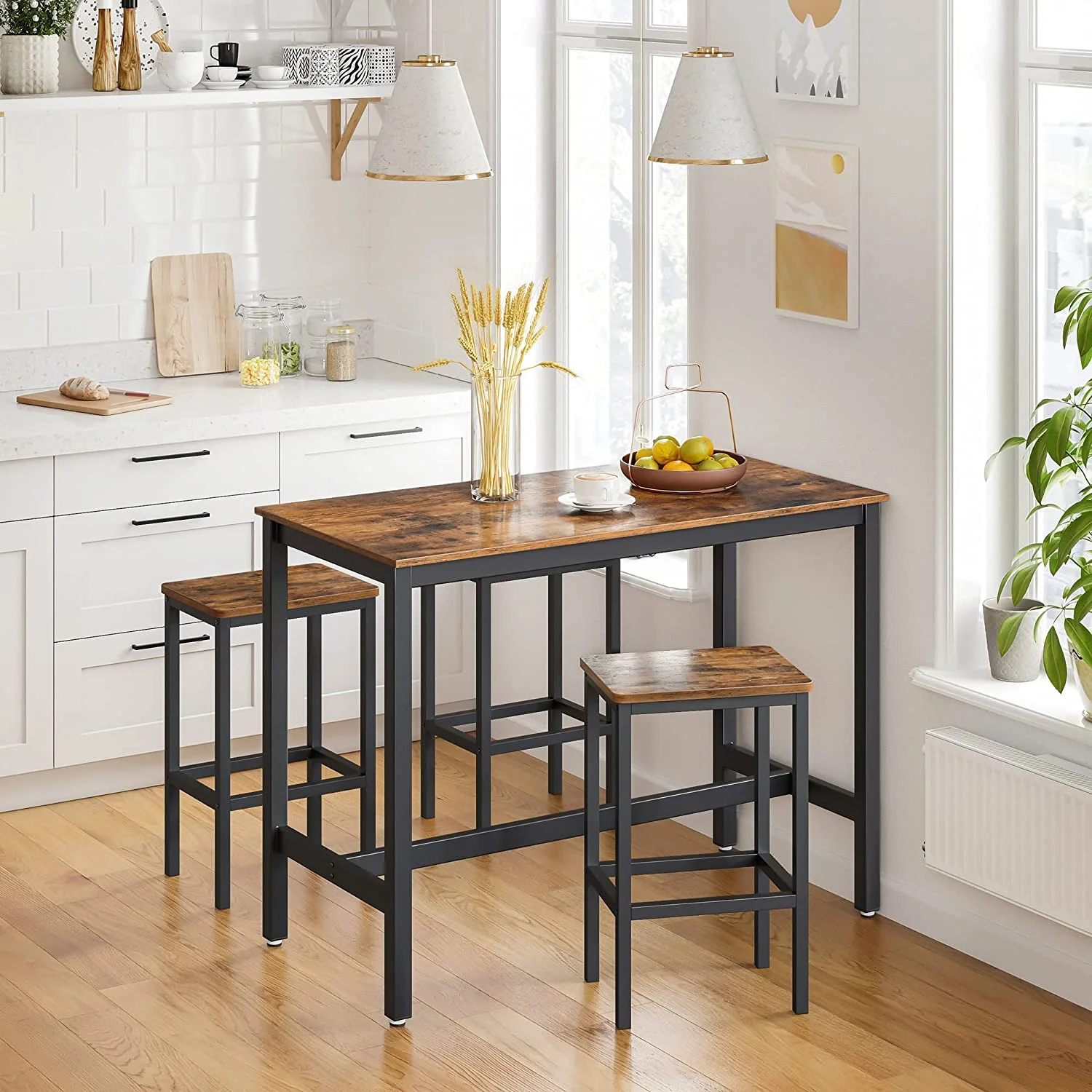 Set of 2 Rustic Wooden Bar Stools Brown with Black Frame 65cm - Image 4
