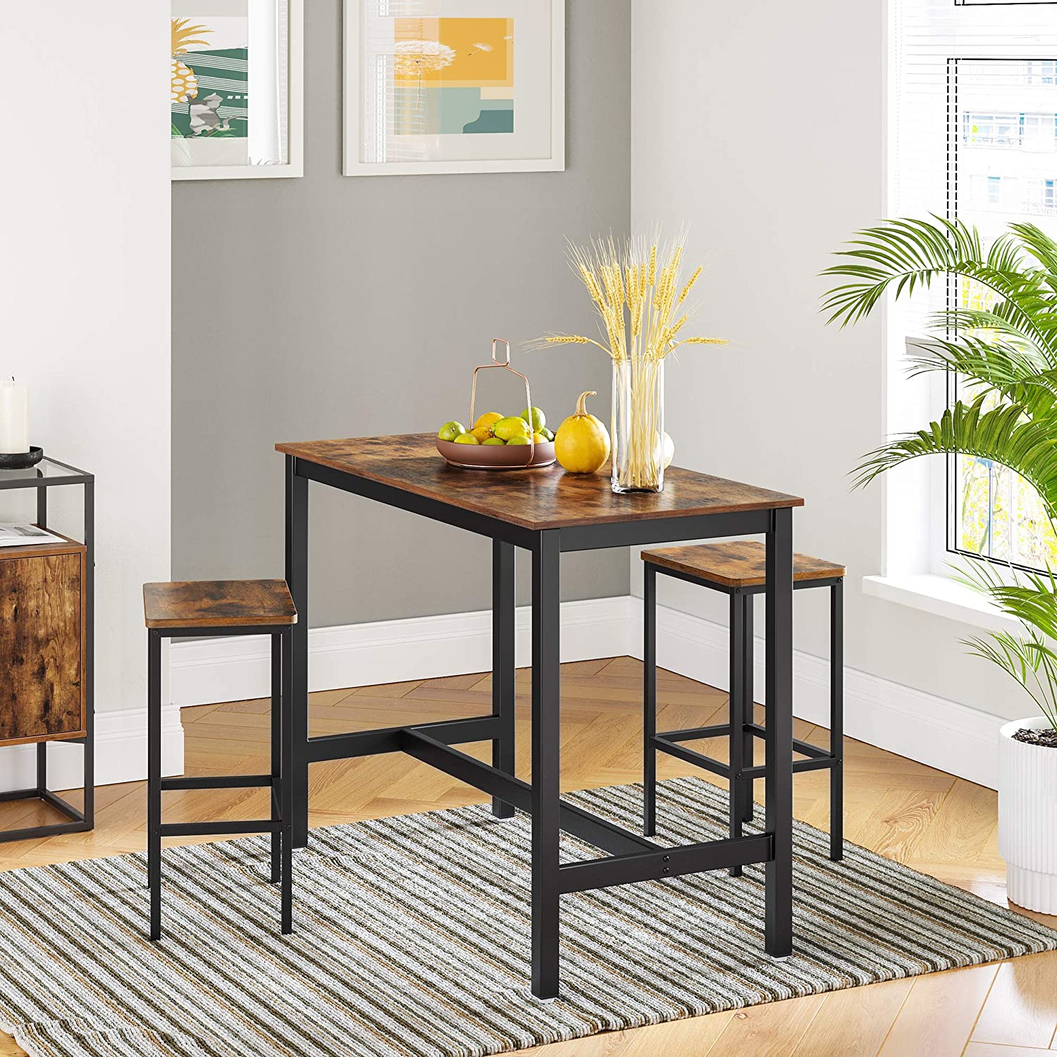 Set of 2 Rustic Wooden Bar Stools Brown with Black Frame 65cm - Image 6
