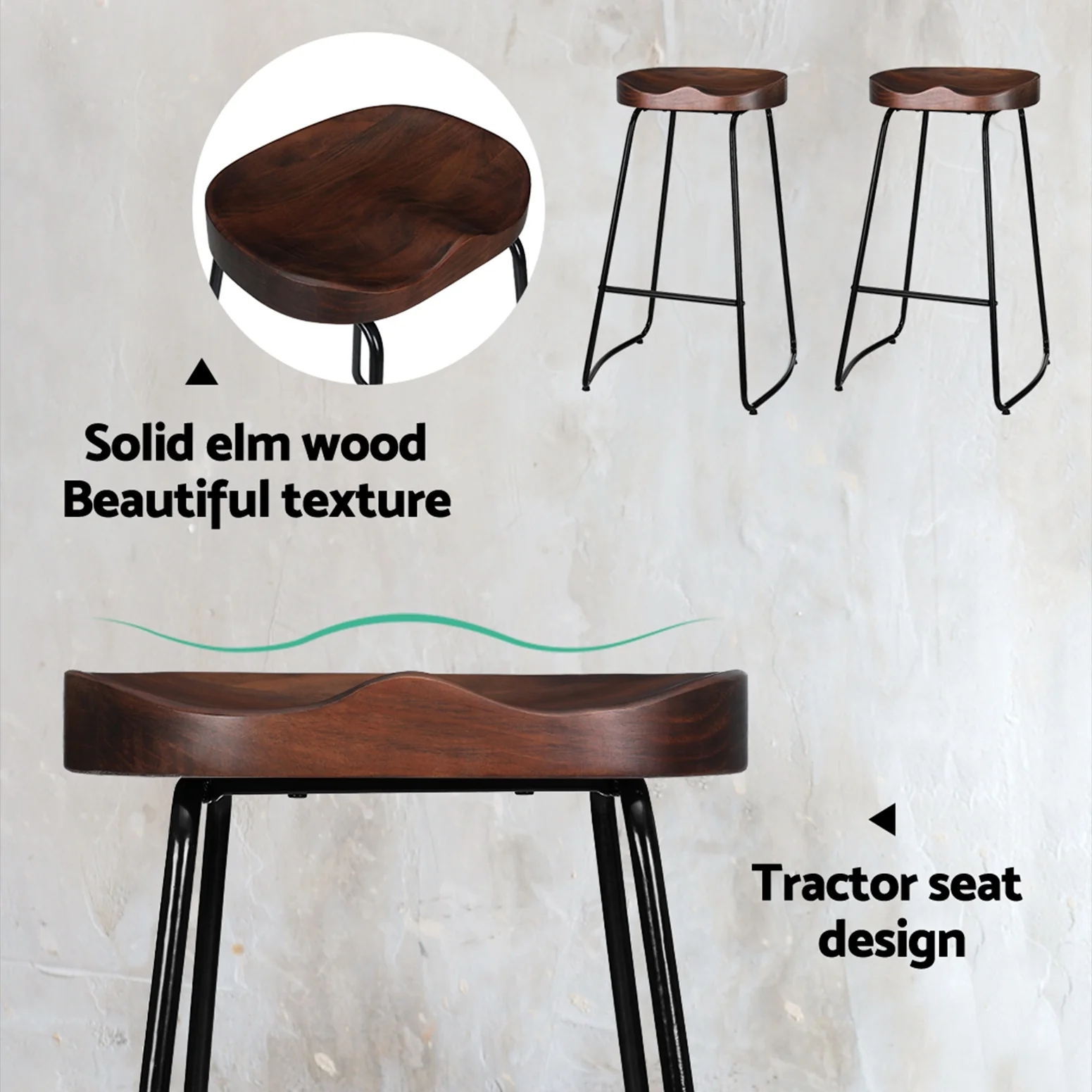 Set of 2 Backless Elm Wood Bar Stools 75cm - Black - Image 5