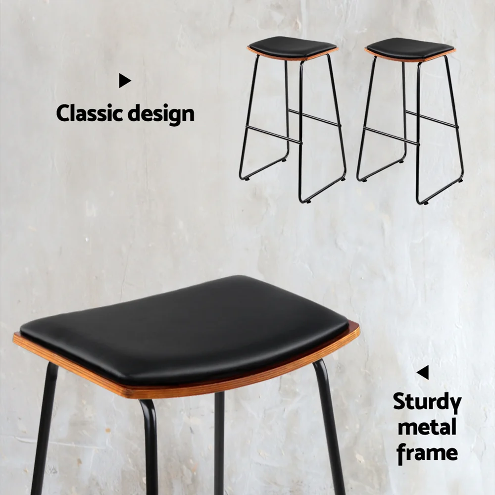 Set of 2 Backless PU Leather Bar Stools - Black and Wood - Image 5