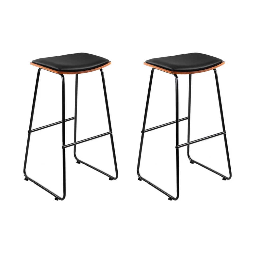 Set of 2 Backless PU Leather Bar Stools - Black and Wood - Image 8