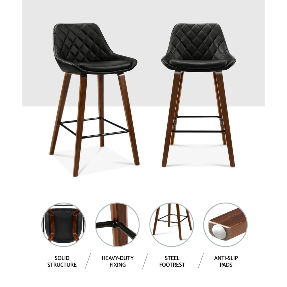 Set of 2 Sebastian Bar Stools Bentwood PU Leather Diamond Pleat - Black - Image 5