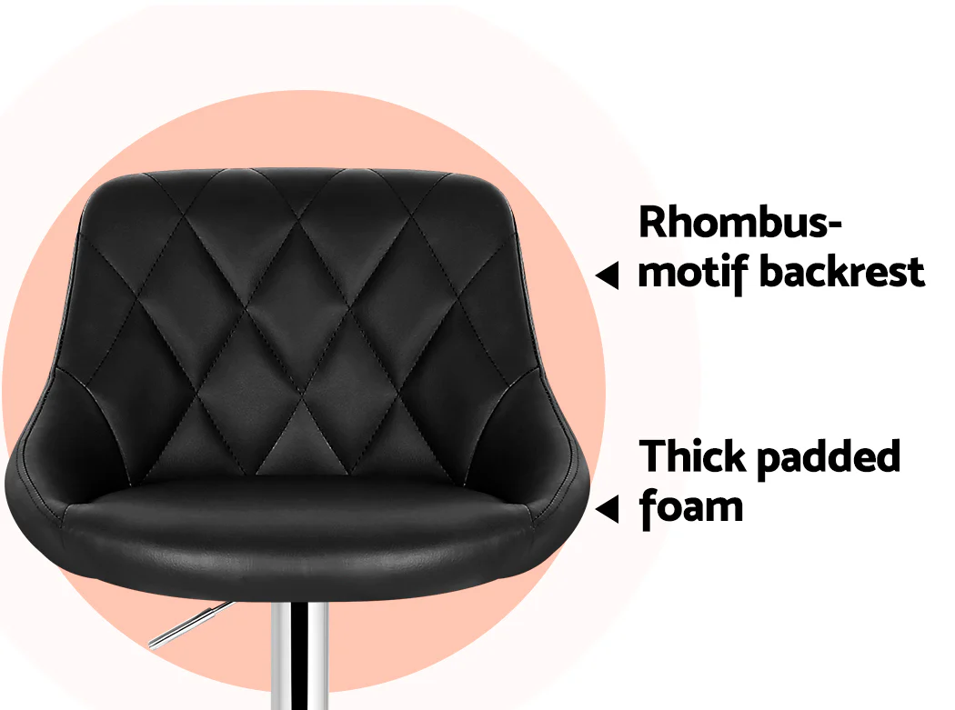 Set of 2 Bar Stools PU Leather Diamond Style - Black - Image 4