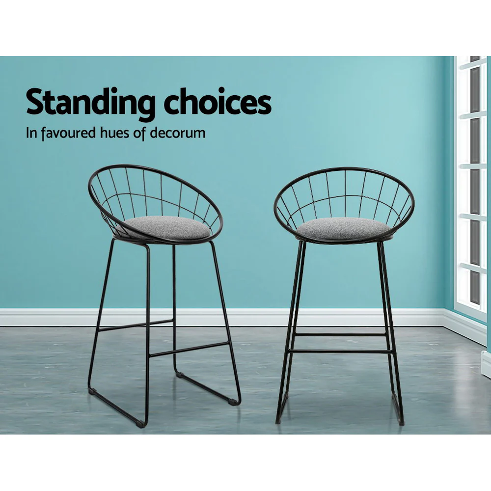 Set of 2 Bar Stools Steel Fabric - Grey and Black - Image 6