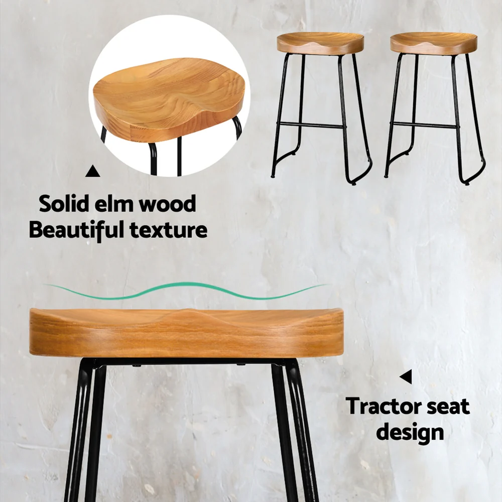 Set of 2 Elm Wood Backless Bar Stools 65cm - Black and Light Natural - Image 5