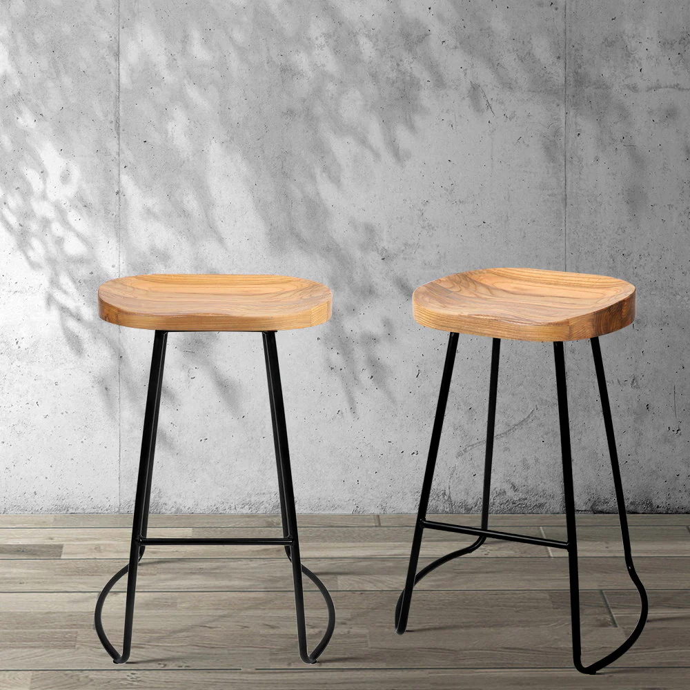 Set of 2 Elm Wood Backless Bar Stools 65cm - Black and Light Natural - Image 7