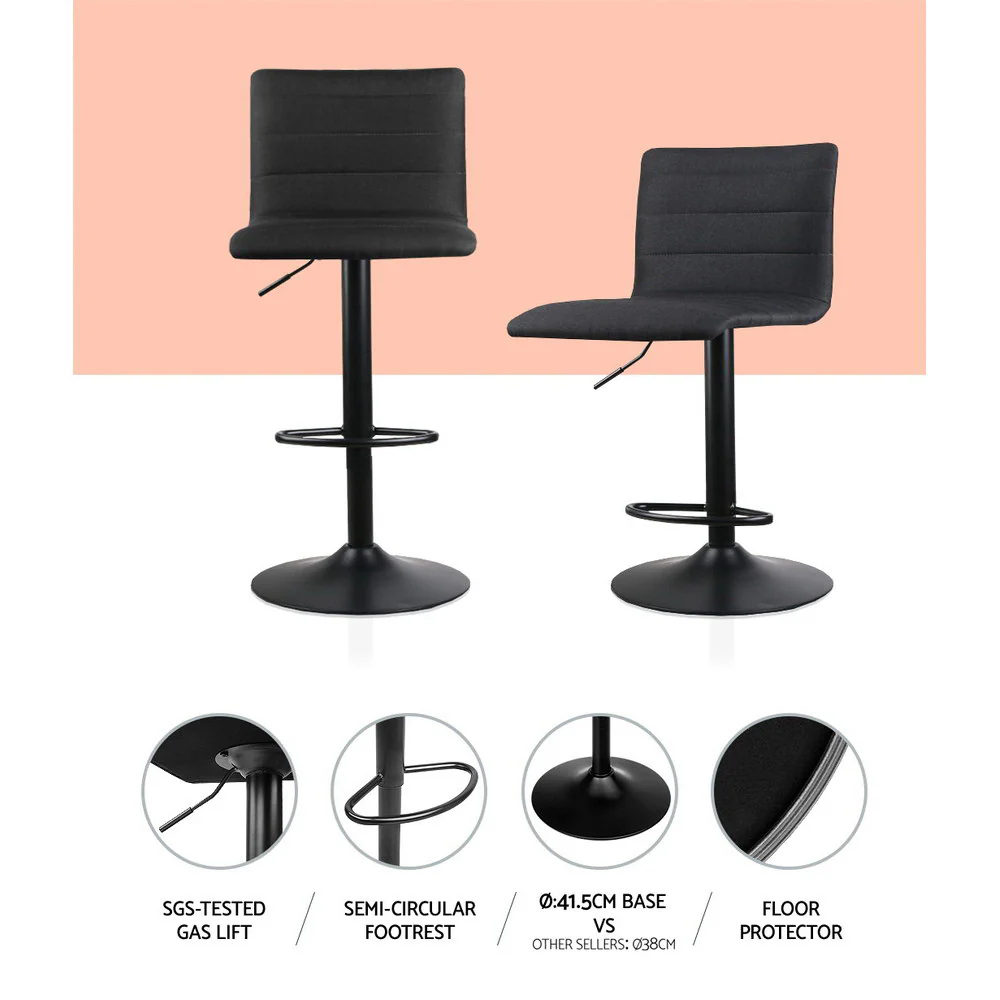 Set of 2 Faux Linen Bar Stools - Black - Image 4