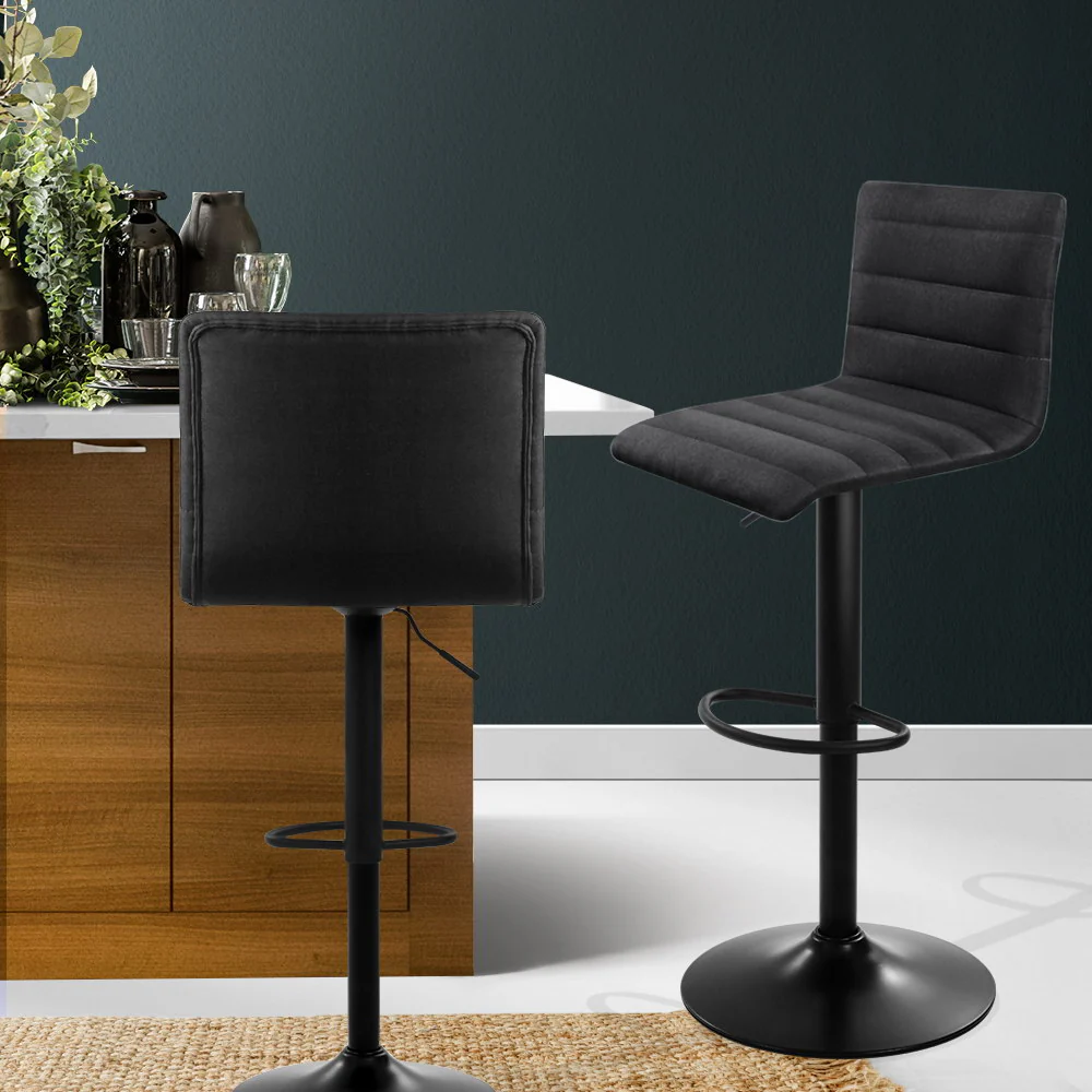 Set of 2 Faux Linen Bar Stools - Black - Image 7