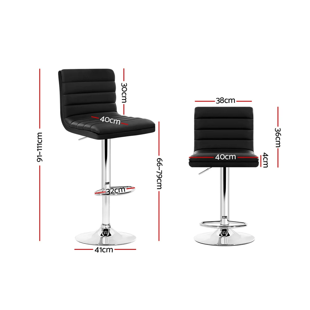 Set of 2 PU Leather Bar Stools Padded Line Style - Black - Image 2