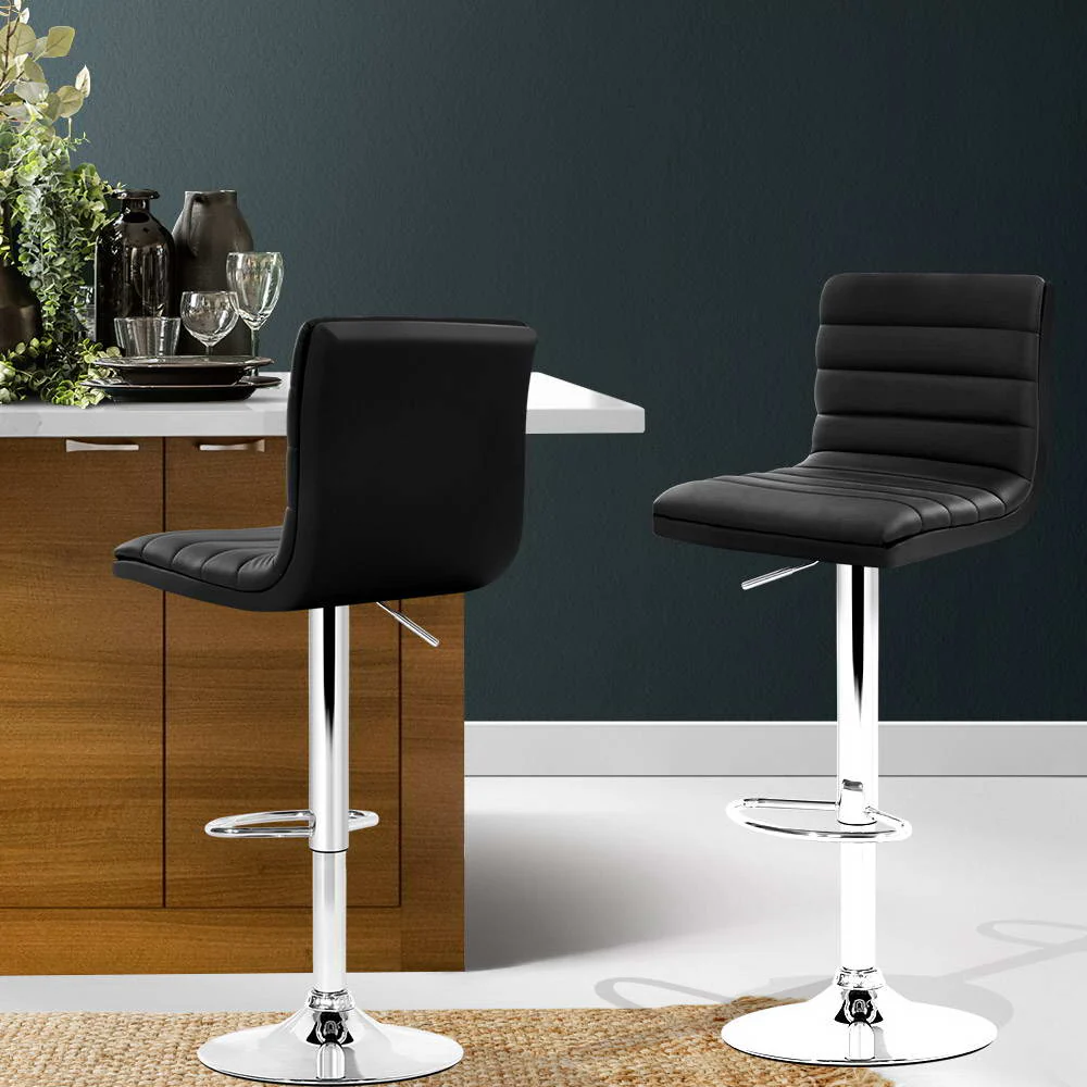Set of 2 PU Leather Bar Stools Padded Line Style - Black - Image 7