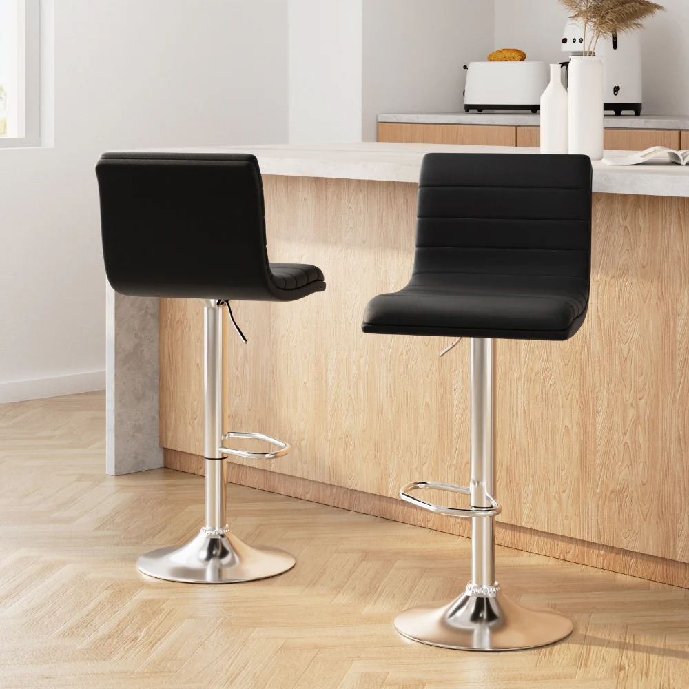 Set of 2 PU Leather Bar Stools Padded Line Style - Black - Image 8