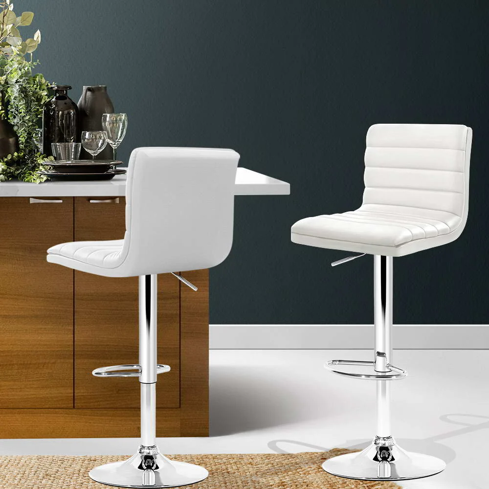 Set of 2 PU Leather Bar Stools Padded Line Style - White - Image 7