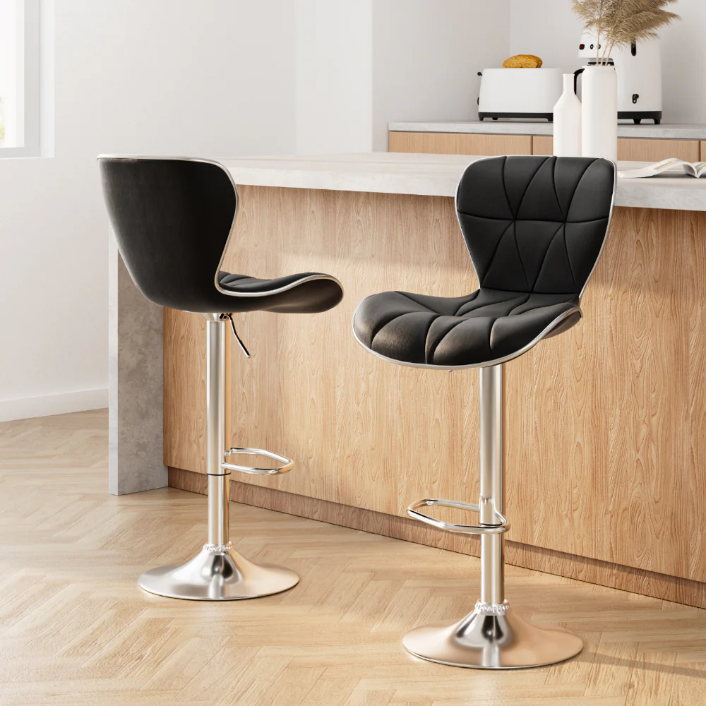 Set of 2 PU Leather Patterned Bar Stools - Black and Chrome - Image 8