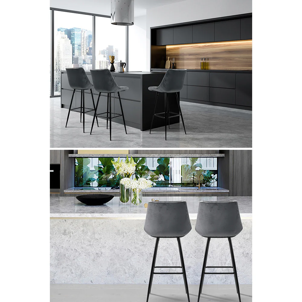 Set of 2 Velvet Bar Stools - Grey - Image 7