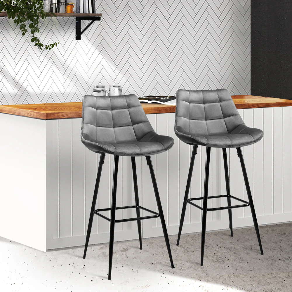 Set of 2 Velvet Bar Stools - Grey - Image 8