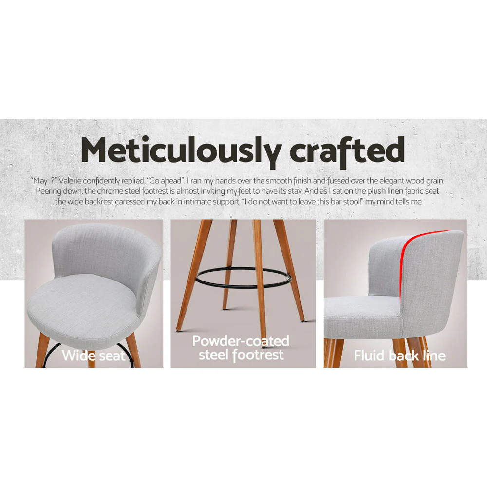Set of 2 Wooden Fabric Bar Stools Circular Footrest - Light Grey - Image 5
