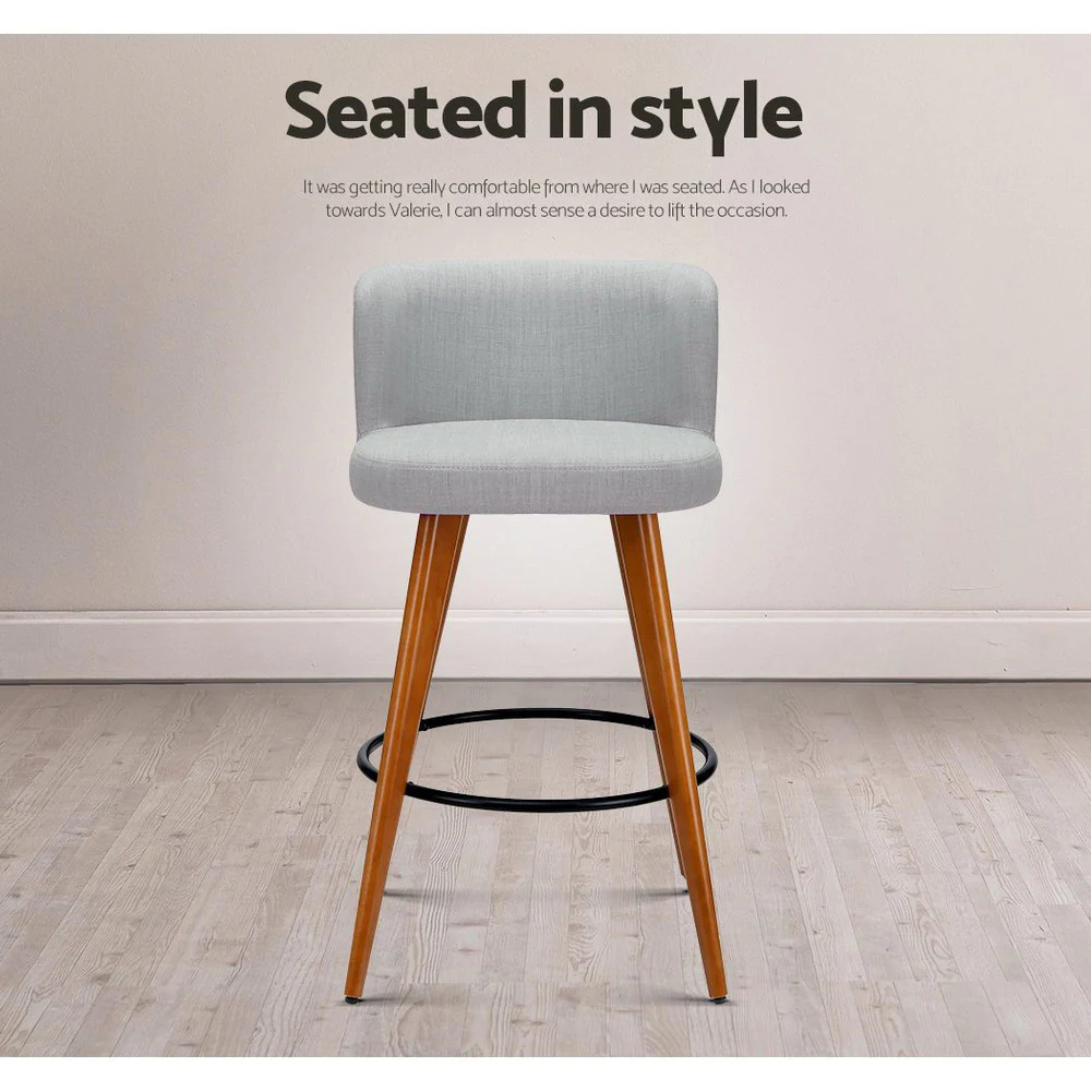 Set of 2 Wooden Fabric Bar Stools Circular Footrest - Light Grey - Image 6