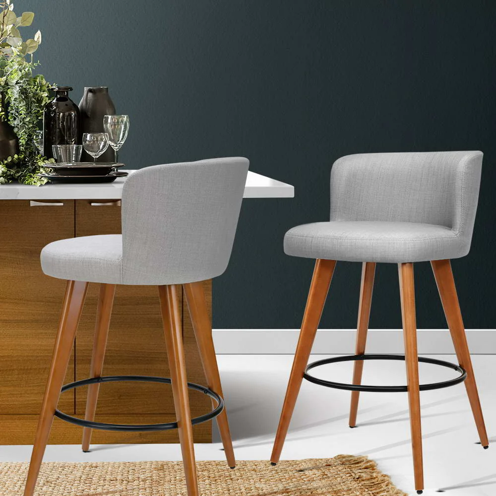 Set of 2 Wooden Fabric Bar Stools Circular Footrest - Light Grey - Image 7