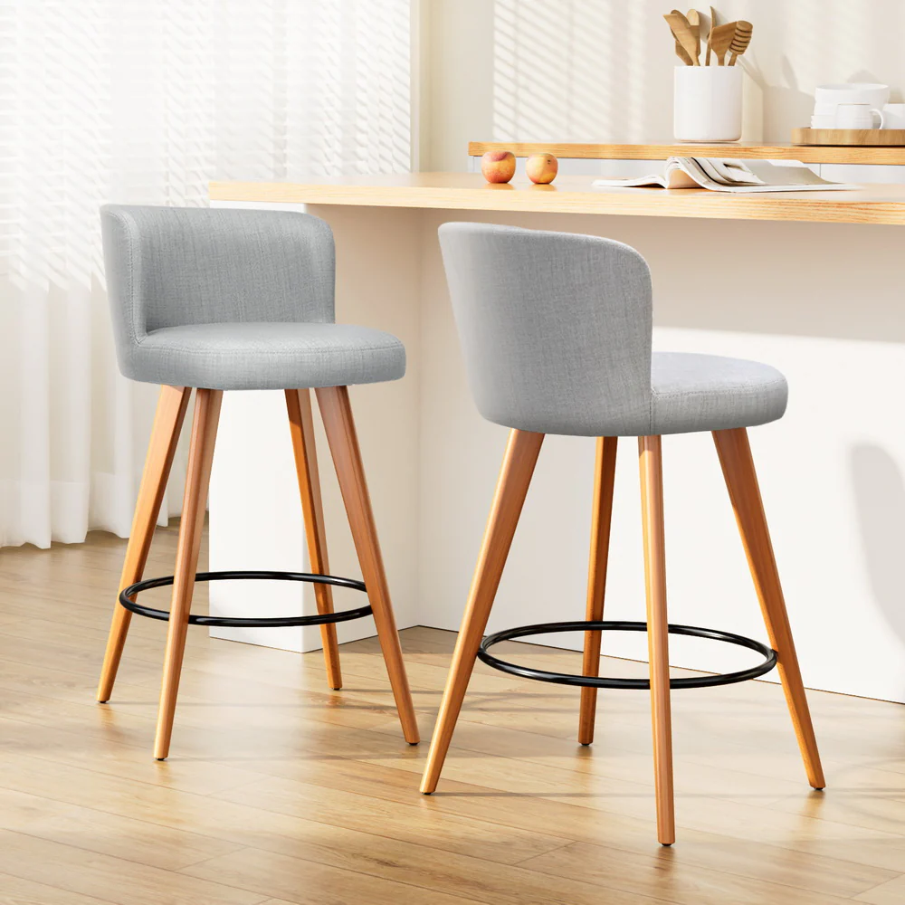 Set of 2 Wooden Fabric Bar Stools Circular Footrest - Light Grey - Image 8