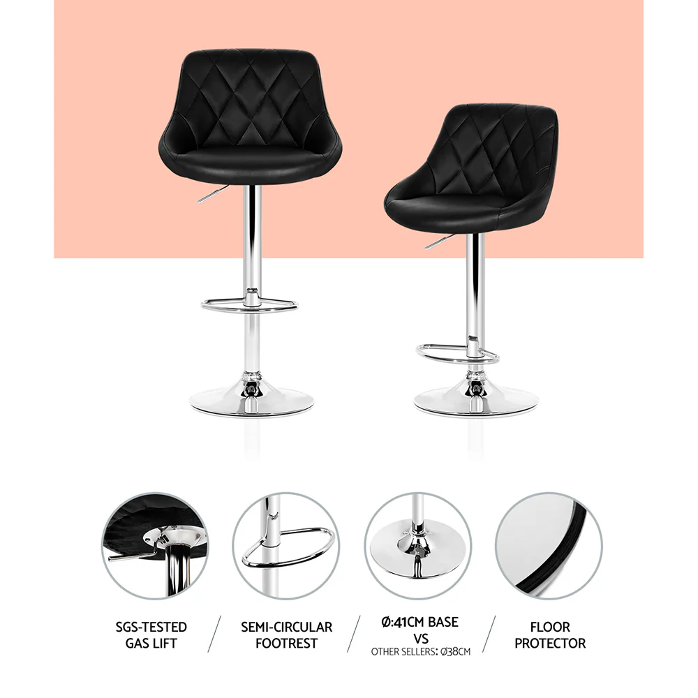 Set of 4 Bar Stools PU Leather Diamond Style - Black - Image 4
