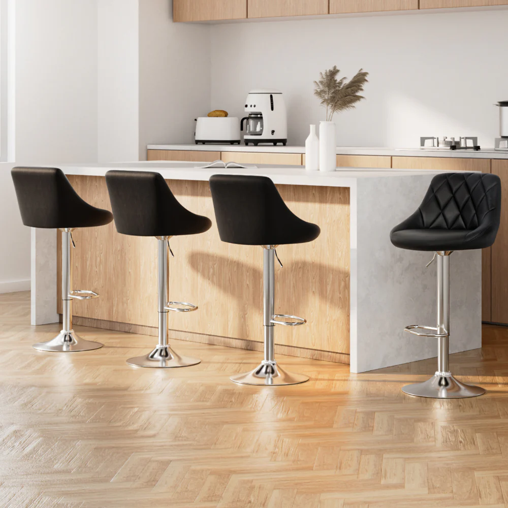Set of 4 Bar Stools PU Leather Diamond Style - Black - Image 7