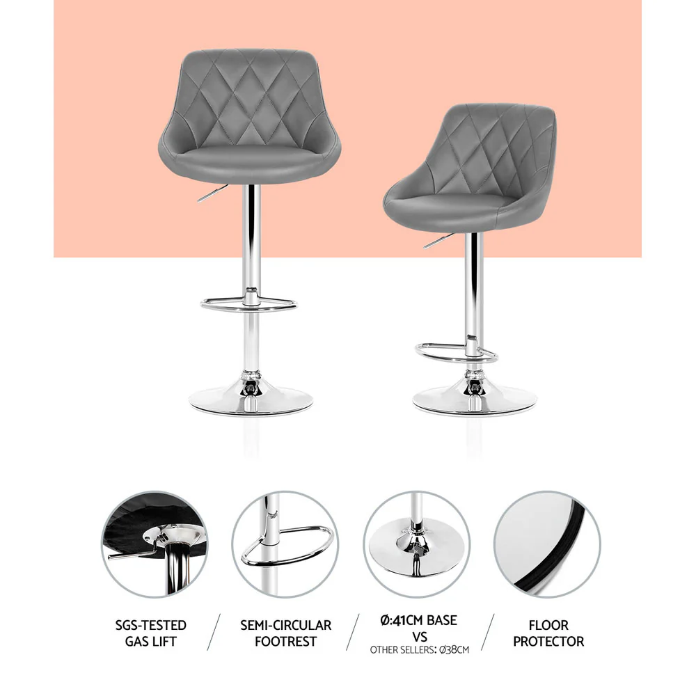Set of 4 Bar Stools PU Leather Diamond Style - Grey - Image 4