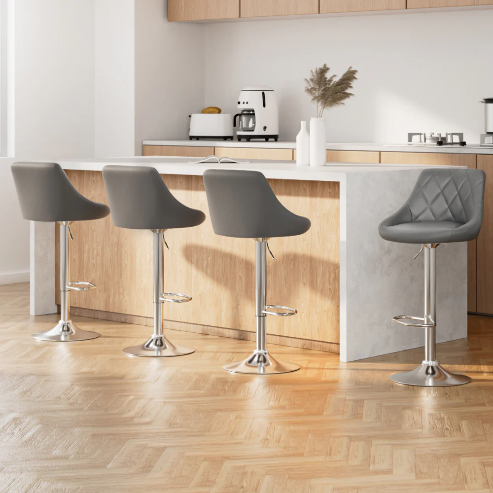 Set of 4 Bar Stools PU Leather Diamond Style - Grey - Image 7