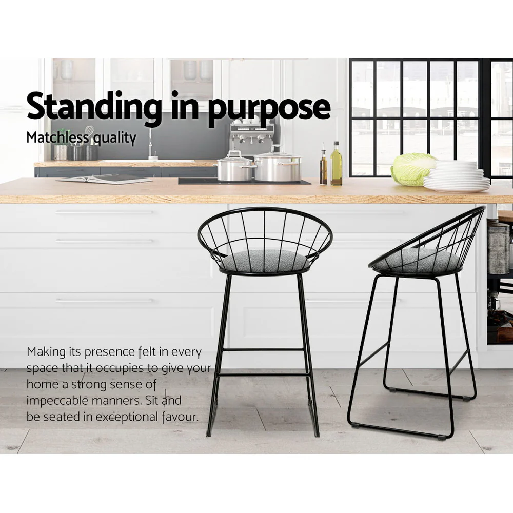 Set of 4 Bar Stools Steel Fabric - Grey and Black - Image 5