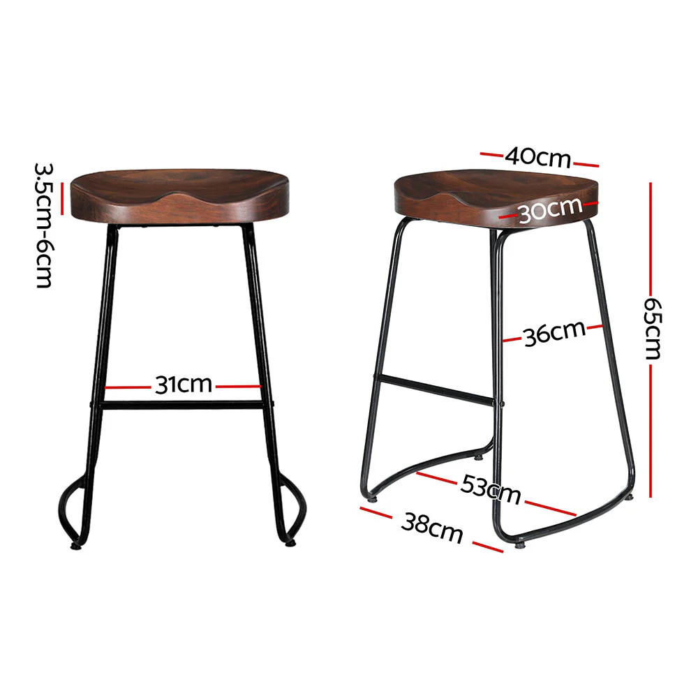 Set of 4 Elm Wood Backless Bar Stools 65cm - Black and Dark Natural - Image 2